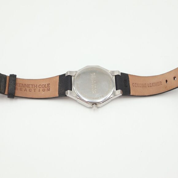 Kenneth Cole Reaction Watch 34mm Dodecagon Silver Tone Black Leather KC2471 - Picture 16 of 16